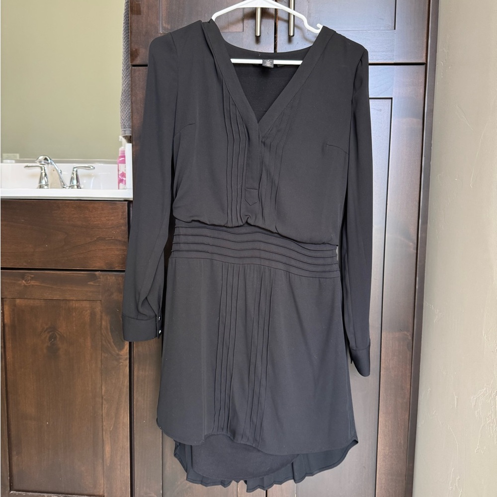 White House Black Market Black V-Neck Pleated Waist Midi Dress